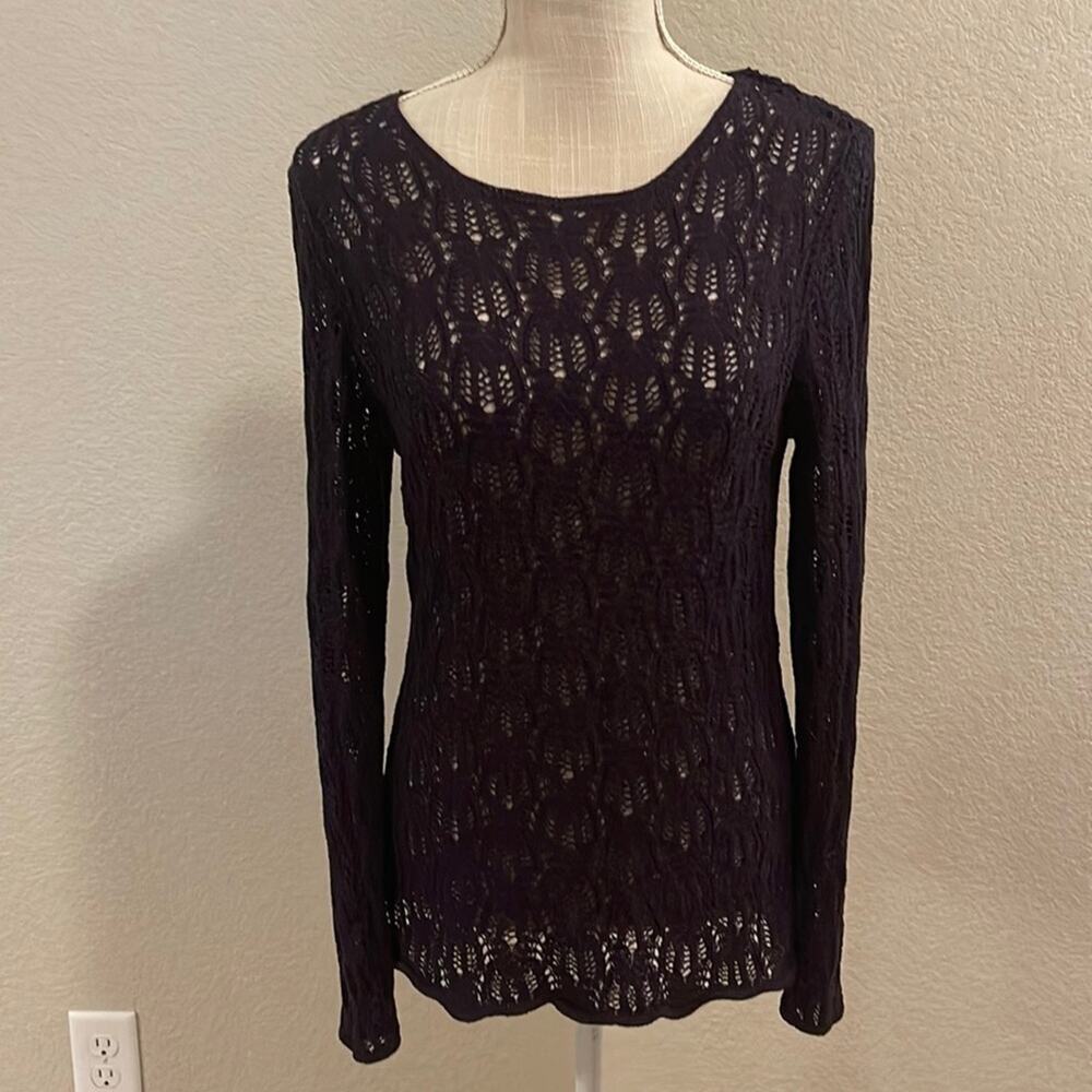 August Max Women's Long Sleeve Dark Purple Whimsigoth Sheer Knit Blouse Top -  2